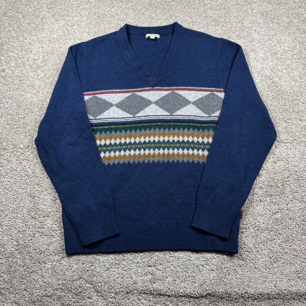 Burberry Brit Mens Blue 100% Lambswool V-Neck Sweater Aztec Chunky Geometric XL